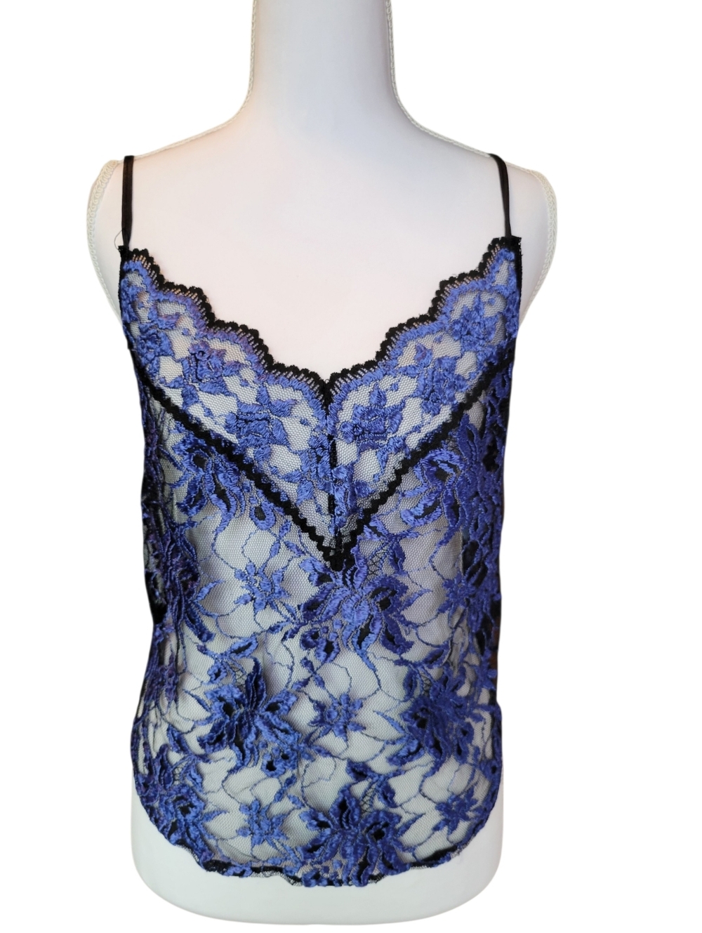 Vintage Lady Dallas Cameo Blue Black Fully Sheer Lace Camisole Tank Top
